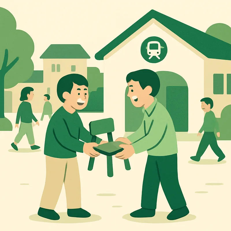 駅前の明るい場所で品物を受け渡すイラスト