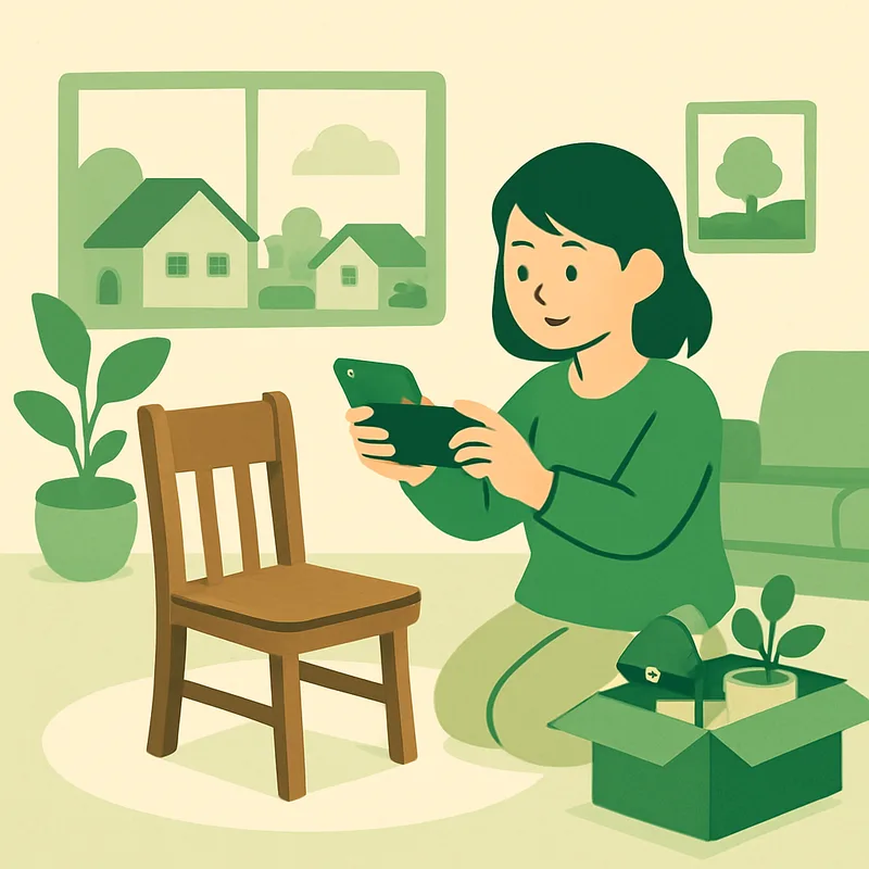 いすをスマートフォンで撮影して出品するイラスト